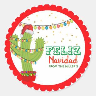 Christmas Cactus Feliz Navidad Classic Round Sticker
