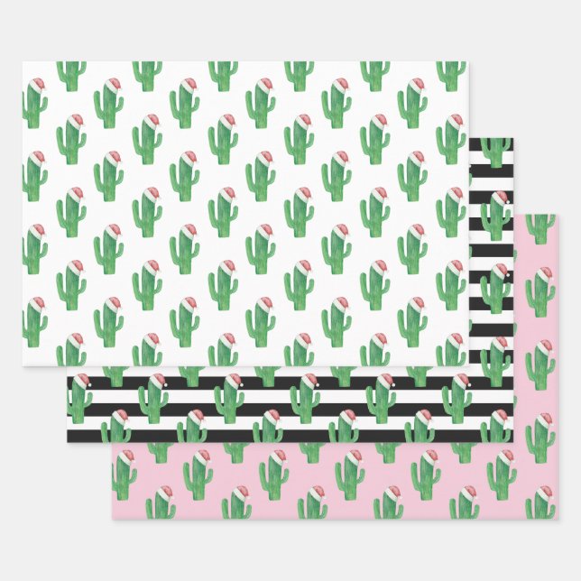 Christmas cactus pattern. Santa cacti. Green pink Wrapping Paper Sheet (Set)