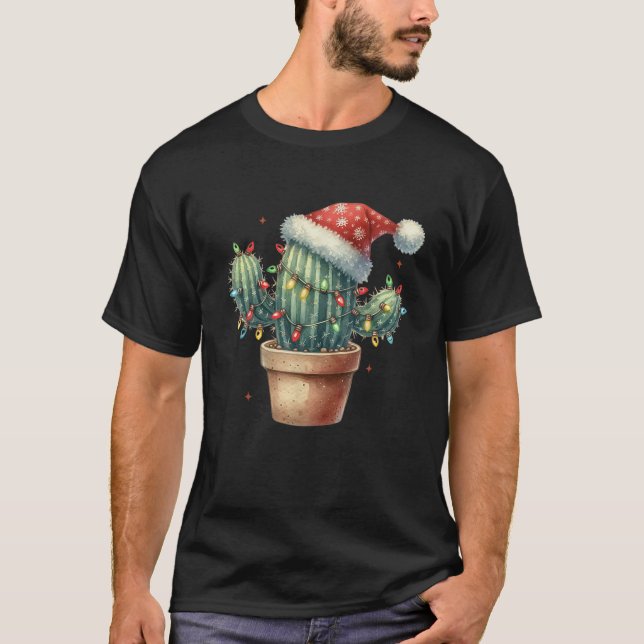 Christmas Cactus Tree Lights Cactus Lover Funny Xm T-Shirt (Front)