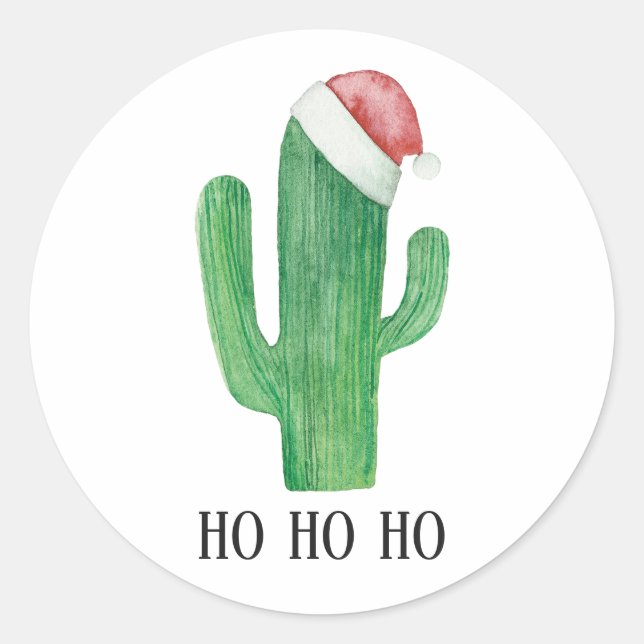 Christmas cactus. Winter holiday red hat. Ho ho ho Classic Round Sticker (Front)