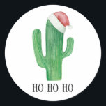 Christmas cactus. Winter holiday red hat. Ho ho ho Classic Round Sticker<br><div class="desc">Christmas cactus button.</div>