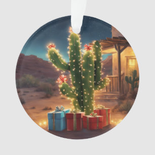 Christmas Cactus With Presents In Front Of A House Ornament