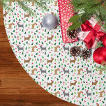 Christmas Cairn Terriers in Santa Hats White Brushed Polyester Tree Skirt<br><div class="desc">This cute pattern features our Cairn Terriers wearing Santa Hats with green and white Christmas pine trees and holly berries over a black background.</div>