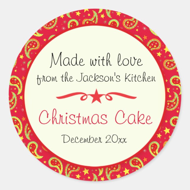 Christmas cake paisley red food label sticker (Front)