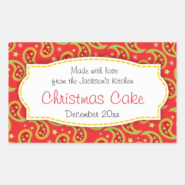 Christmas cake paisley red food label sticker (Front)