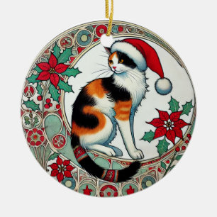 Christmas Calico Cat Santa Ceramic Tree Decoration