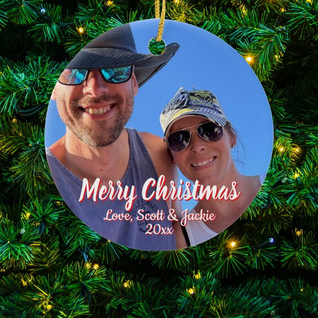 Christmas Calligraphy red/white Couples Personaliz Ceramic Tree Decoration (Creator Uploaded)