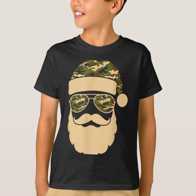 Christmas Camo Santa Sungles Hat Beard Cool Milita T-Shirt (Front)