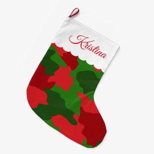 Christmas Camouflage Red Green Monogram Name Large Christmas Stocking