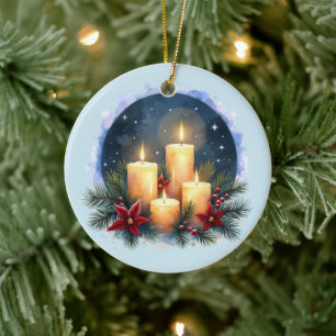 Christmas Candle Glow with Poinsettias Ceramic Tree Decoration