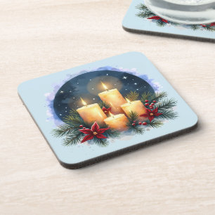 Christmas Candle Glow with Poinsettias Coaster
