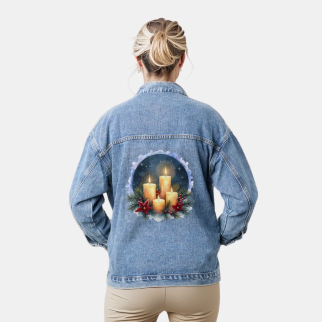 Christmas Candle Glow with Poinsettias Denim Jacket (Model)