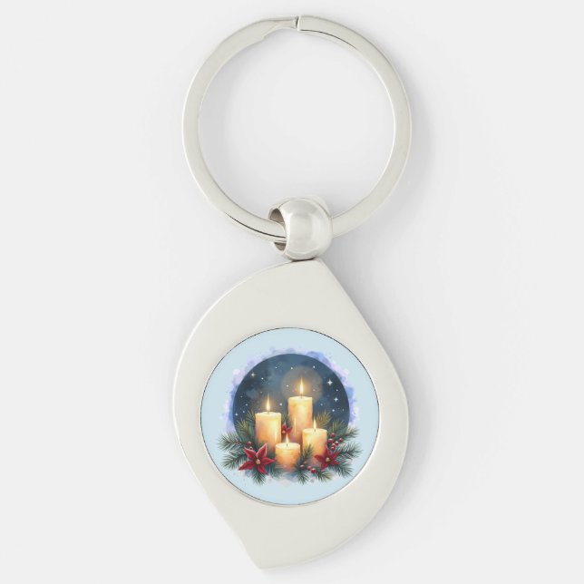 Christmas Candle Glow with Poinsettias Key Ring (Front)