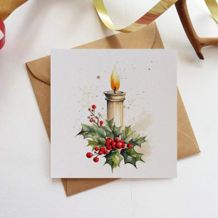 Christmas Candle Holly Leaves And Berries Painting Holiday Card