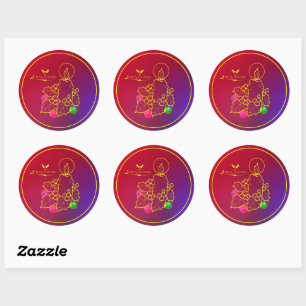 Christmas Candle Holly Line Drawing Red & Blue Squ Classic Round Sticker