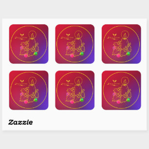 Christmas Candle Holly Line Drawing Red & Blue Square Sticker