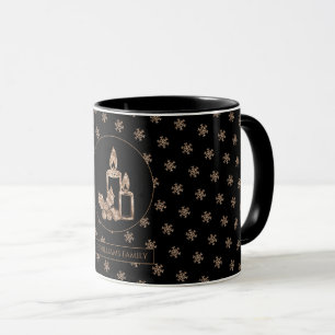Christmas Candle Holly Snowflakes Black and Gold Mug