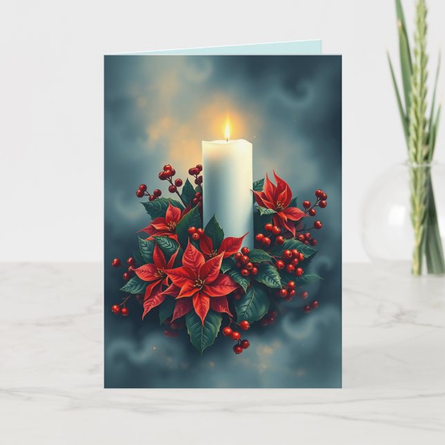Christmas Candle With Poinsettias Card (Front)