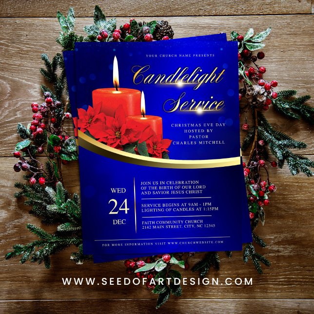 Christmas Candlelight Poinsettia Blue Church Flyer (Creator Uploaded)