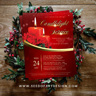 Christmas Candlelight Poinsettia Red Church Flyer