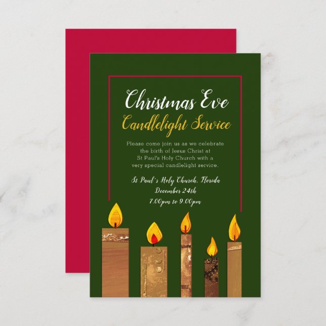 Christmas candlelight service candles gold art invitation (Front/Back)
