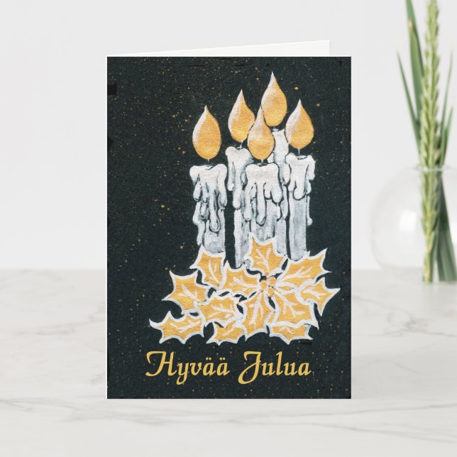Christmas Candles and Holly, Finnish Greeting Card (Front)