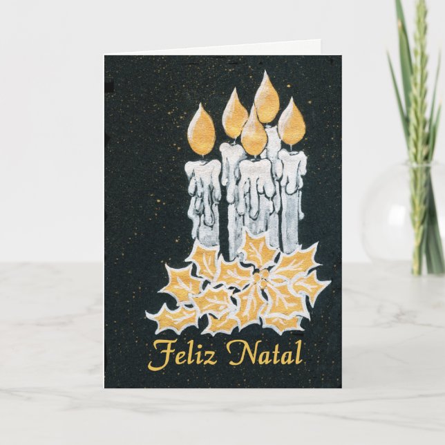 Christmas Candles and Holly, Portuguese Greeting Card (Front)