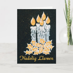 Christmas Candles and Holly, Welsh Greeting Card