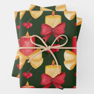 Christmas Candles, Berries and Ribbons  Wrapping Paper Sheet