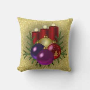 Christmas Candles & Ornaments Gold Faux Glitter Cushion