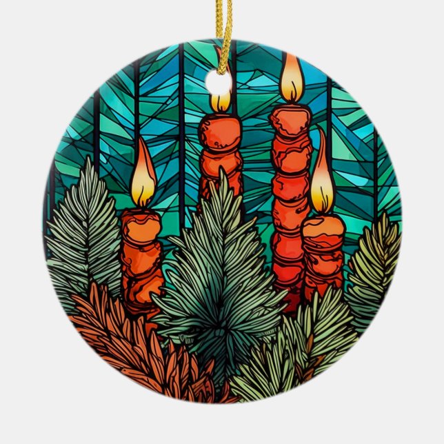 Christmas Candles stained glass style Ceramic Tree Decoration (Front)