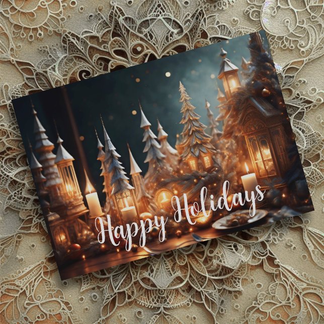 Christmas Candles Village Grey Tablescape Holiday Card (Creator Uploaded)