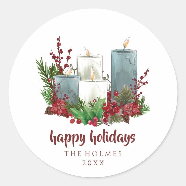 Christmas Candles with Flowers and Berries  Classic Round Sticker (Front)
