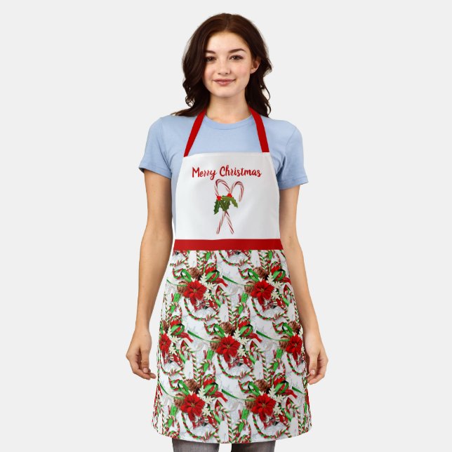 Christmas Candy Cane and Poinsettia All-Over Print Apron (Worn)