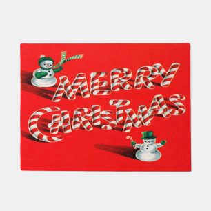 Christmas Candy Cane And Snowman Doormat