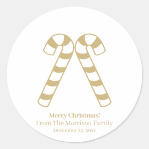 Christmas candy cane gold white custom name favour classic round sticker
