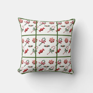 Christmas Candy Cane Green Check White Traditional Cushion