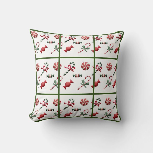 Christmas Candy Cane Green Check White Traditional Cushion (Front)