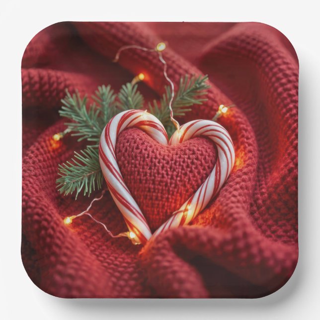 Christmas Candy Cane Heart With Lights Paper Plate (Front)
