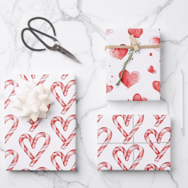 Christmas Candy Cane Hearts Wrapping Paper Sheet (Front)