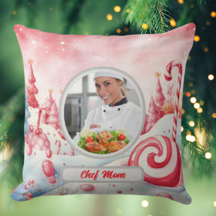 Christmas Candy Cane Personalized Chef Mom Photo Cushion