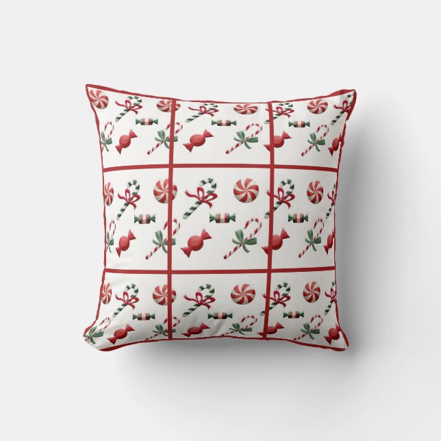 Christmas Candy Cane Red Check White Traditional Cushion (Front)