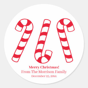 Christmas candy cane red & white custom name cute classic round sticker