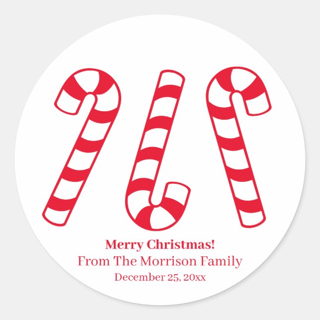 Christmas candy cane red & white custom name cute classic round sticker (Front)