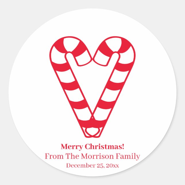 Christmas candy cane red white custom name heart classic round sticker (Front)