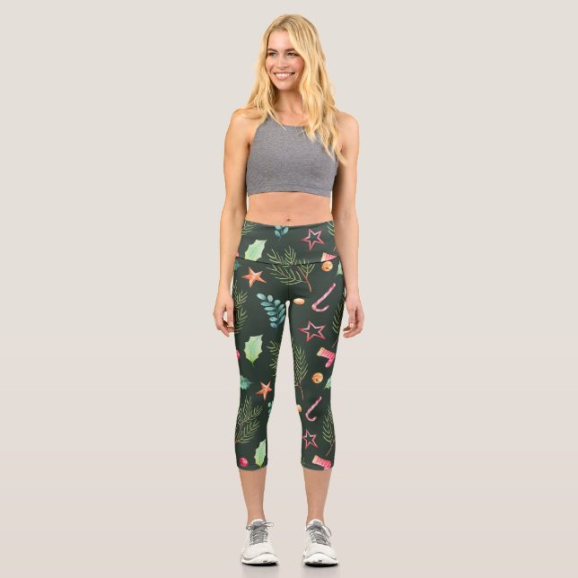 Christmas Candy Cane Star Decoration Xmas Pattern Capri Leggings (Front)