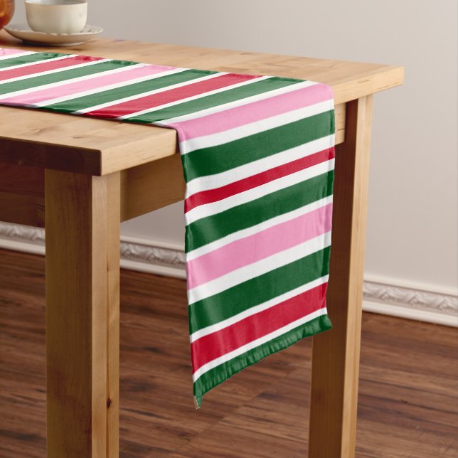 Christmas Candy Cane Stripes in Pink Green and Red Short Table Runner (In Situ)