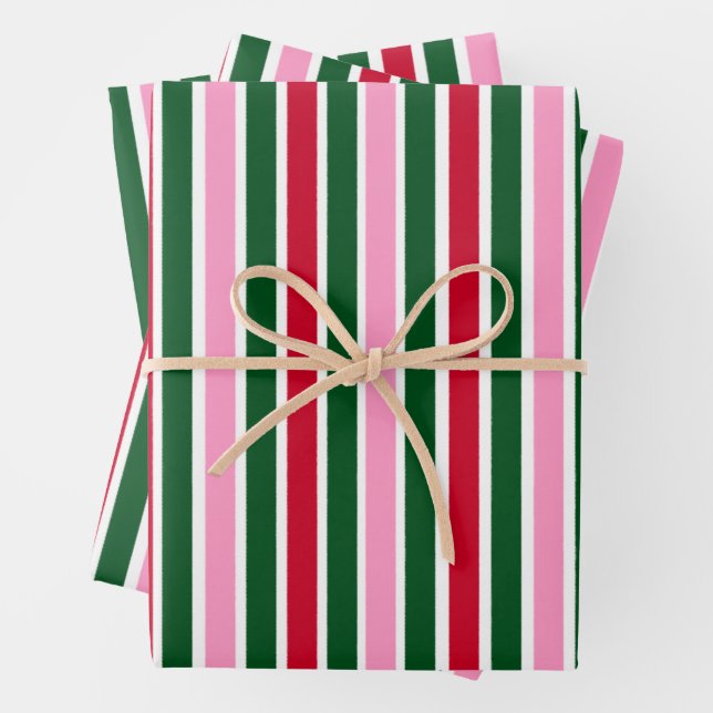 Christmas Candy Cane Stripes in Pink Green and Red Wrapping Paper Sheet (In situ)
