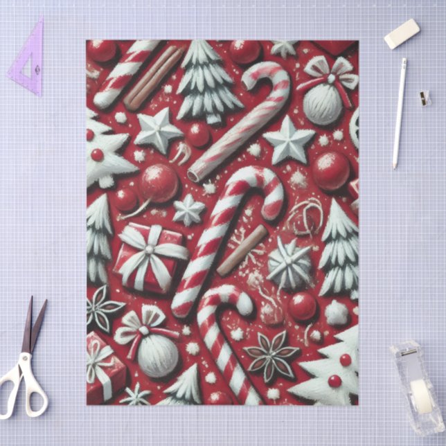 Christmas Candy Cane Tree Presents Red Decoupage Tissue Paper (Craft)