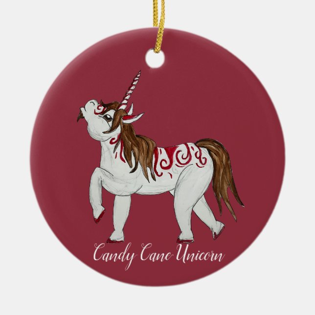 Christmas Candy Cane Unicorn Ceramic Tree Decoration (Front)